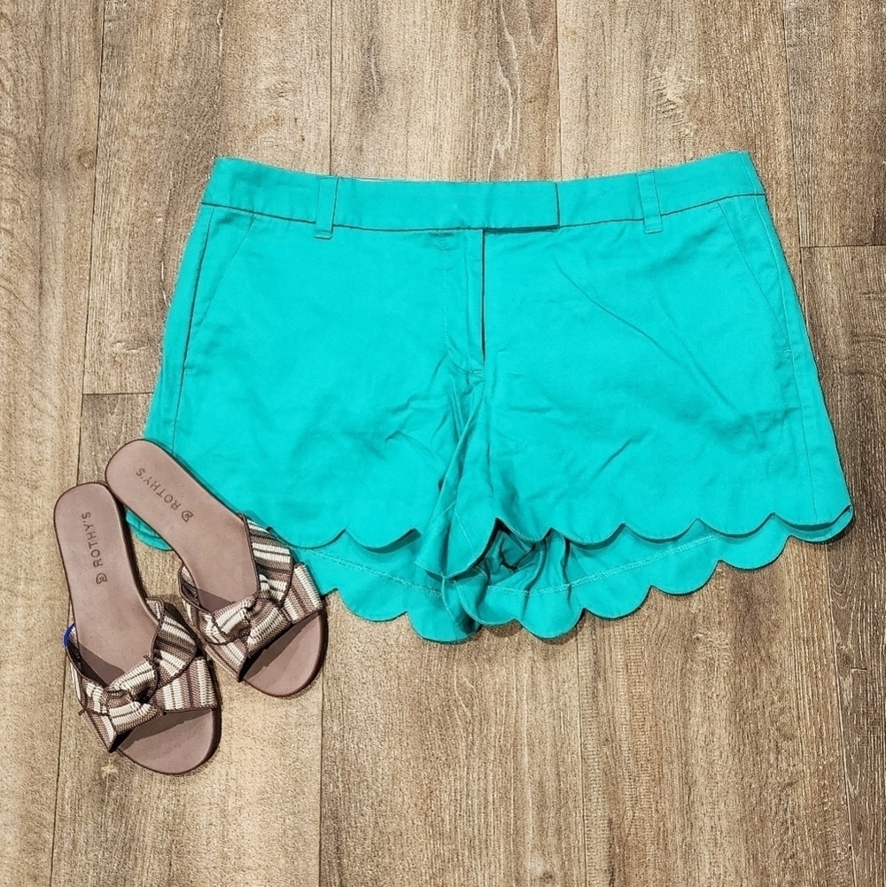 Vibrant Turquoise High Waist Shorts with Scalloped Hem